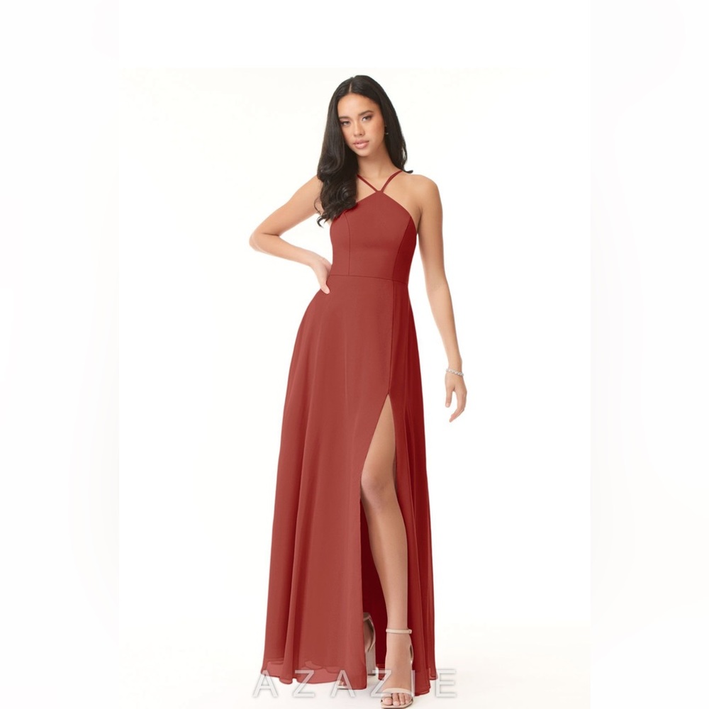 NEW Azazie Bailey Terracotta A-Line Side Slit Floor-Length Dress